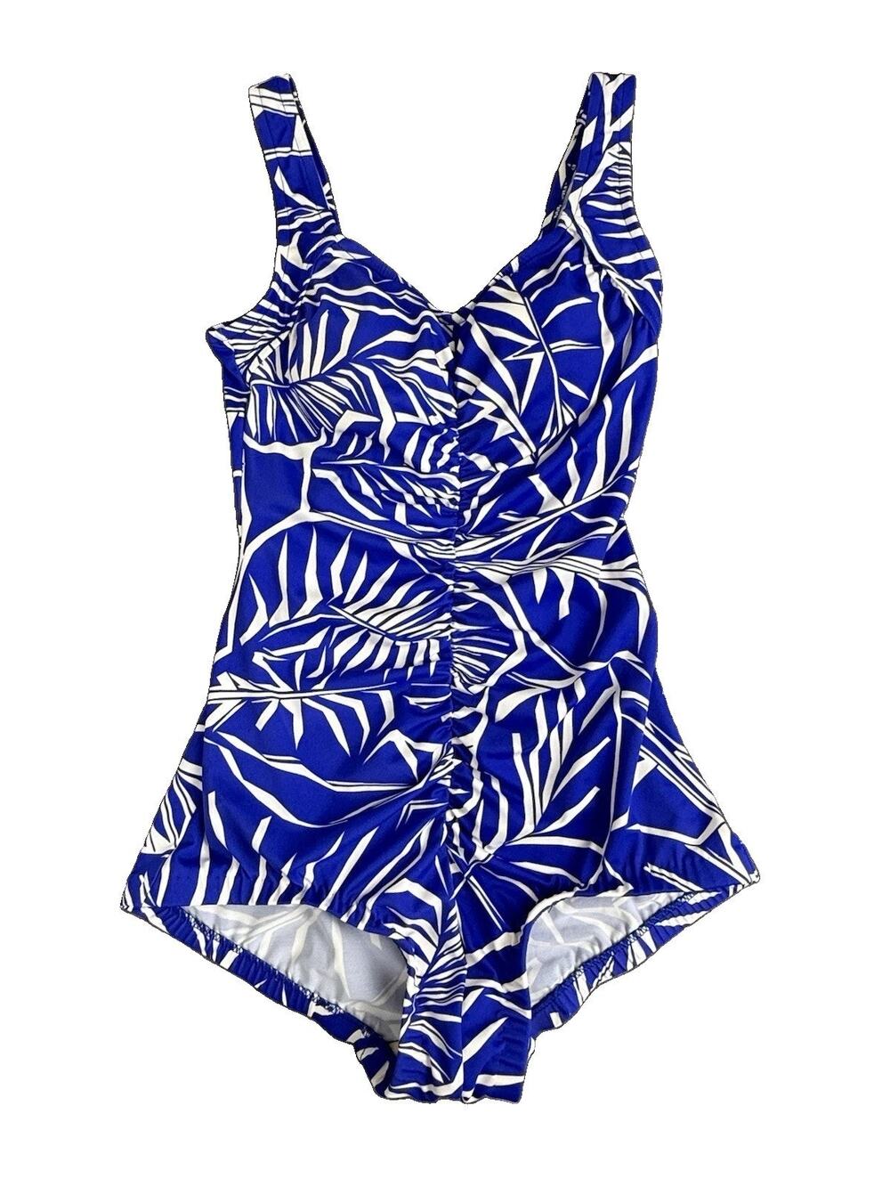 Maxine of Hollywood One Piece Swimsuit Size 8 Blue White Palm Leaf Ruched